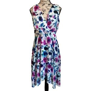 DKNY White/Blue/Pink Floral Sleeveless Faux-Wrap High-Low Dress Size 10P